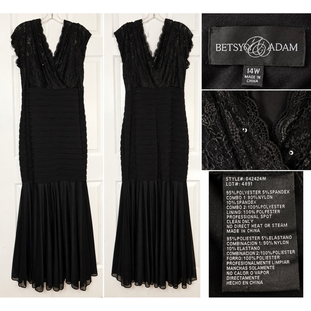 Betsy & Adam 14W Black Lace Sequin Tiered Mermaid Evening Gown Dress 042424W - Picture 2 of 5